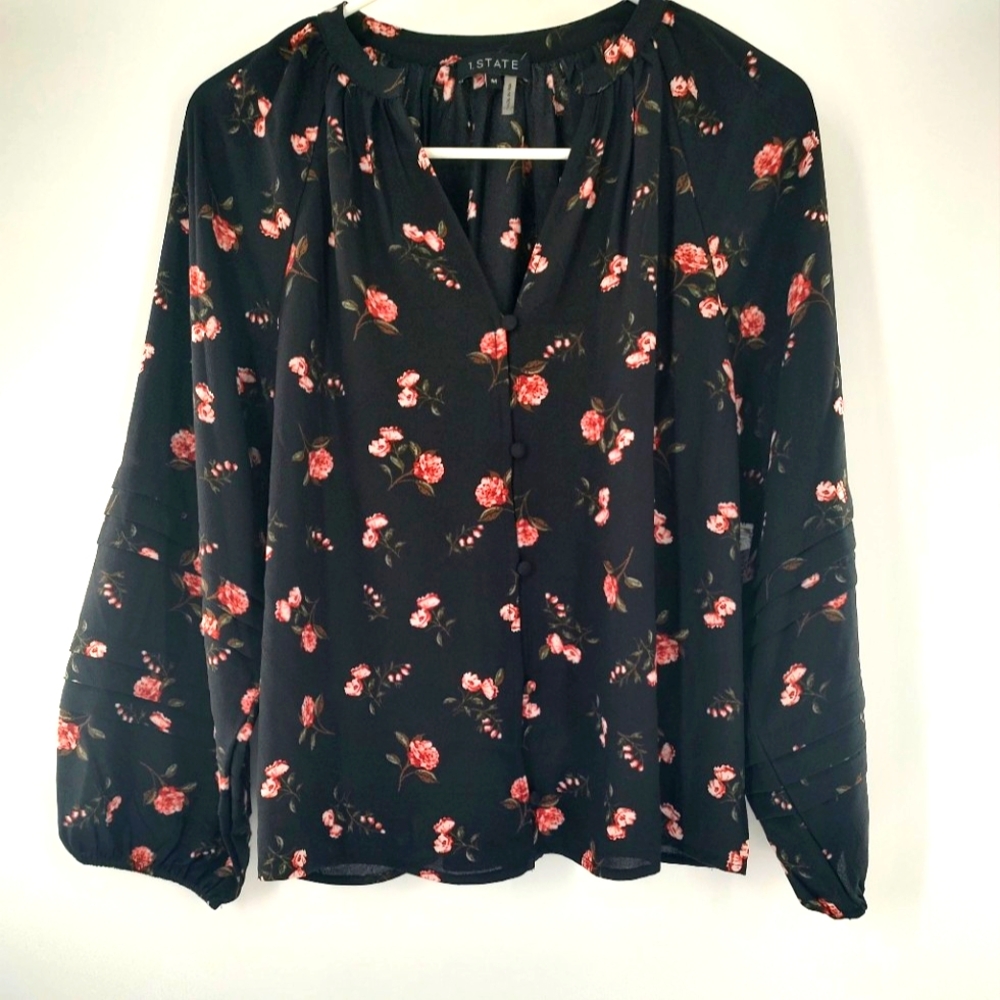 1 State Black Romantic Blooms Long Sleeve Blouse/Top Size M, NWT